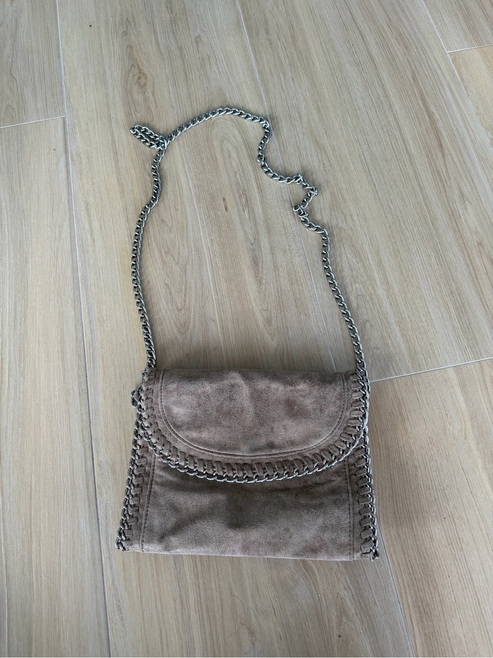 Taupe Suede Chain-Trim Crossbody Bag